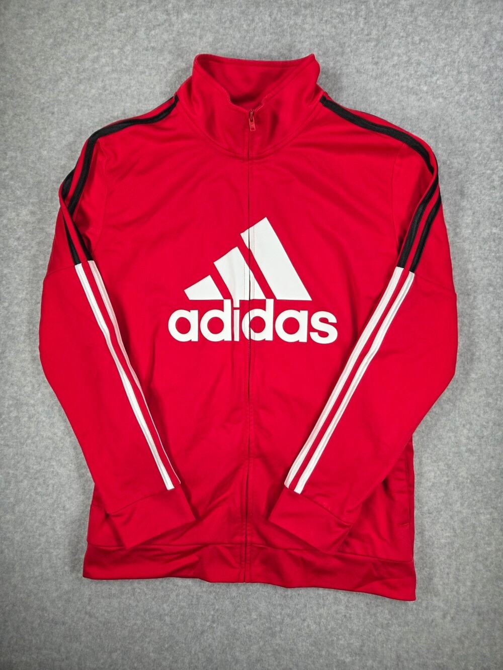 Adidas Boys Unisex Kids XL 18/20 Track Jacket Red White Big Logo Full Zip Stripe